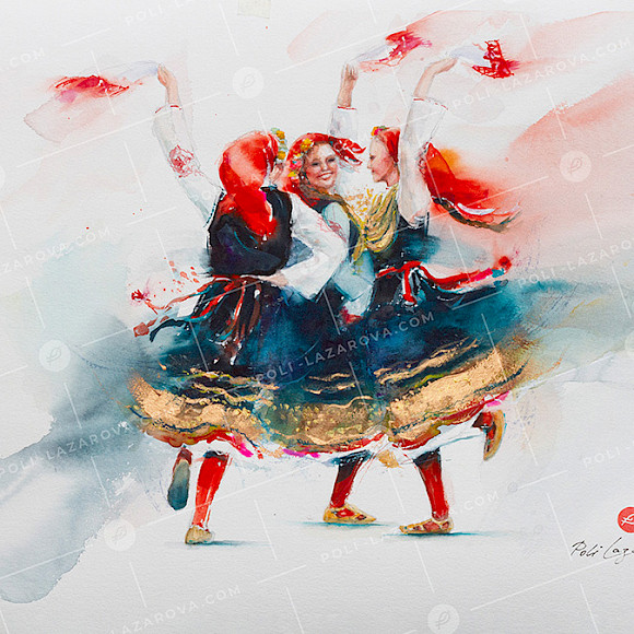акварелна картина фолклорна тематика с три български усмихнати моми, които танцуват в шопски носии
