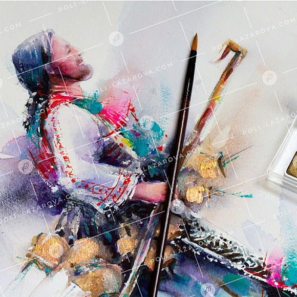 Акварелна картина с кукер, отиващ към парада на кукерите, вдъхновена от българските традиции