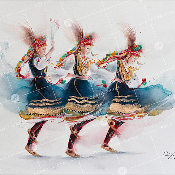 Акварелна картина с три моми в шопски носии, танцуващи български народен танц