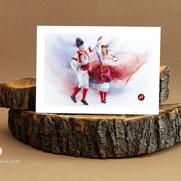 Watercolor painting of a man and a woman dancing a Bulgarian Northern folk dance.