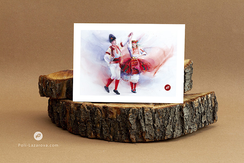 Watercolor painting of a man and a woman dancing a Bulgarian Northern folk dance.