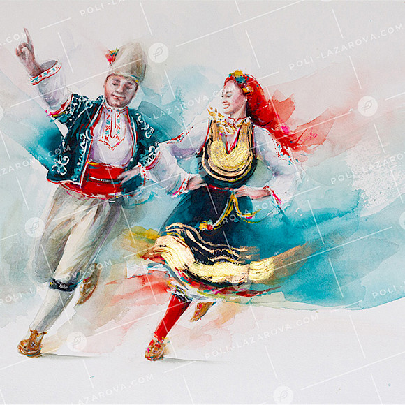 Картина за продажба с мъж и жена в шопски носии танцуват български танц