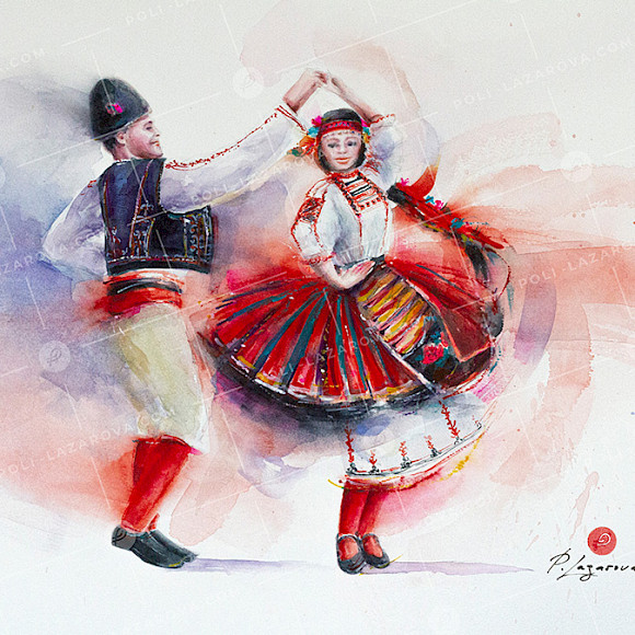 българска картина за продажба с мъж и жена танцуващи северняшки танц, автор Поли Лазарова