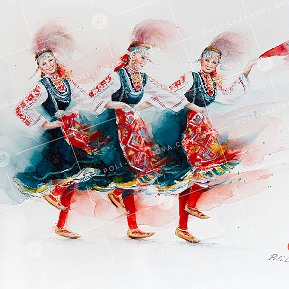 българска картина за продажба с три усмихнати момичета танцуващи народен танц, художник Поли Лазарова