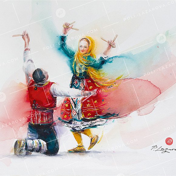 българска акварелна картина с мъж и жена, танцуващи добруджански народен танц, художник Поли лазарова