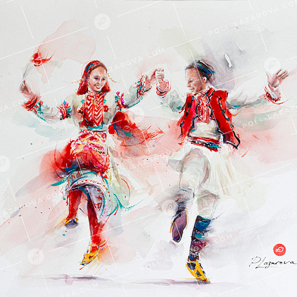 българска картина за продажба с мъж и жена в народна носия танцуващи във вихър пириниски танц