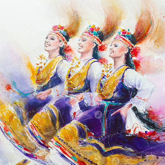 българска акварелна картина с три красиви усмихнати българки които танцуват шопски народен танц, художник Поли Лазарова