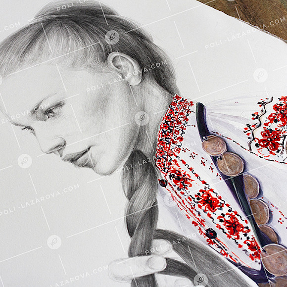 pencil and watercolor painting, portrait of a Bulgarian woman with a shirt, embroidery, pendari, artist Poli Lazarova