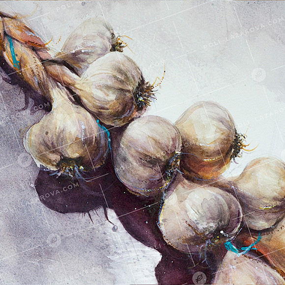 българска картина акварел за продажба с връзка чесън реализъм, художник Поли Лазарова