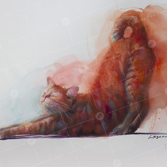 картина акварел рижава котка която се протяга безгрижно художник Поли Лазарова