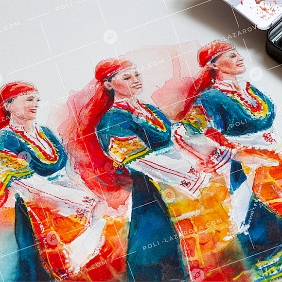 българска акварелна картина с три моми танцуващи родопски танц, автор Поли Лазарова