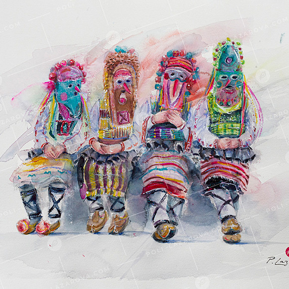 A painting with four puppeteers sitting and looking with a comical expression – a playful scene from the Bulgarian tradition with humor and character.