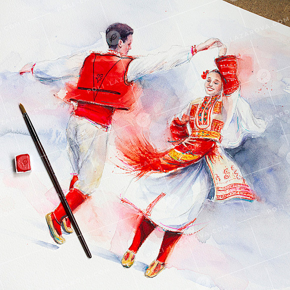 Акварелна картина - мъж и жена в пирински танц,  тя се върти около ръката му в ритъма на българския фолклор, близък кадър